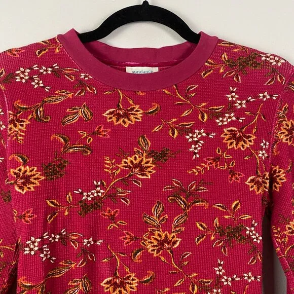 Sundance Red Floral Thermal T Shirt Size Small Crew Neck Long Sleeve - Picture 2 of 10